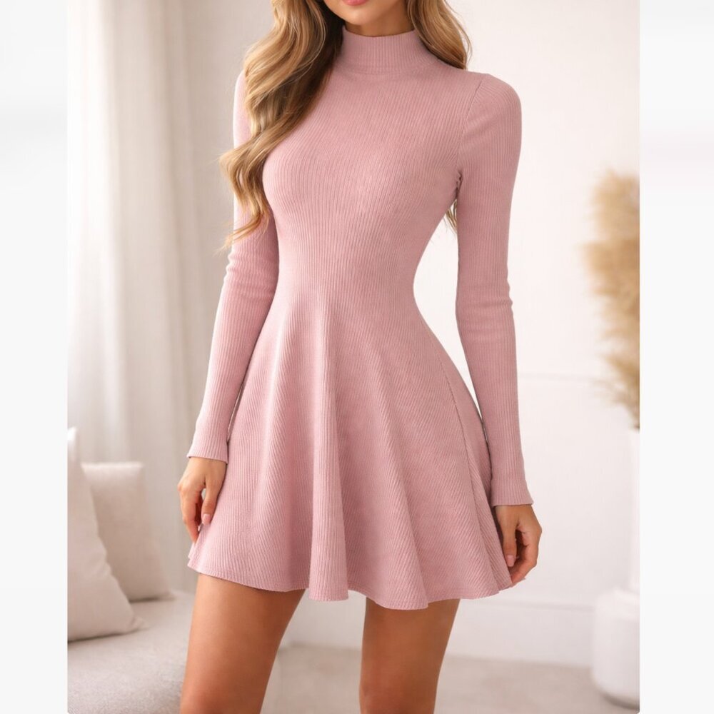 NWT Klesis Small Pink Ribbed Mock Neck Long Sleeve Skater Knit Mini Dress